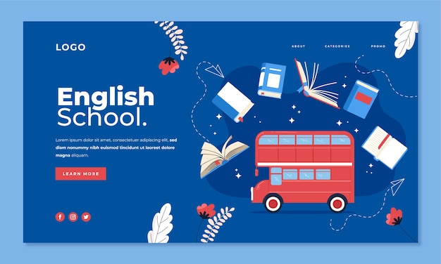 Flat design english school landing page design