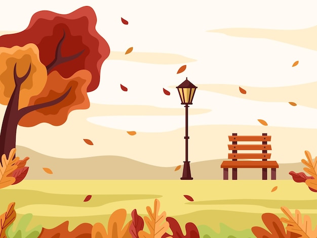 Flat design illustration of an autumn park with a bench and lantern - Autumn Hygge Flat Vector Desig