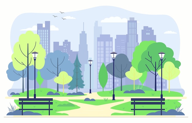 Vector flat design illustration of bench in city park with green trees