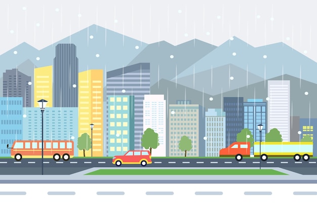 Vector flat design illustration of car bus vehicle in city road traffic with cityscape in rain season