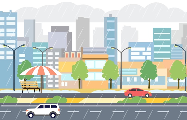 Vector flat design illustration of cars vehicle in city road traffic with cityscape in rain season