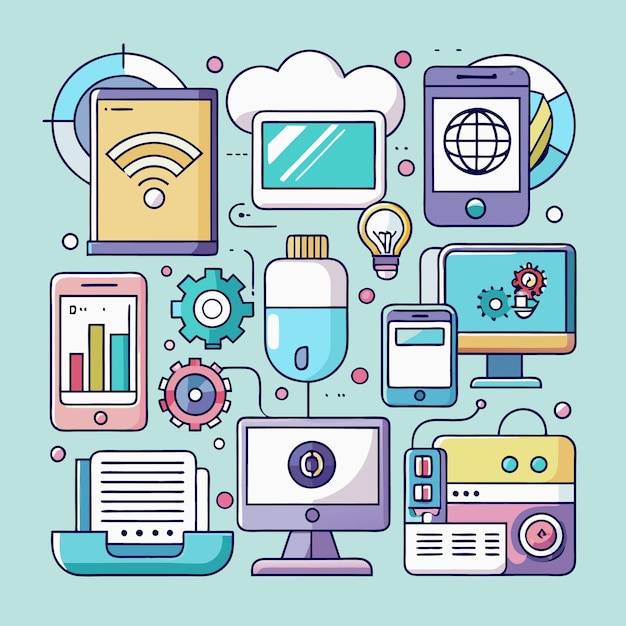 Vector flat design illustration of connected devices technology web and mobile app icons