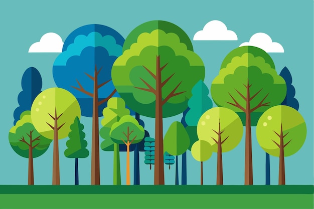 Vector a flat design illustration of a forest with trees and clouds