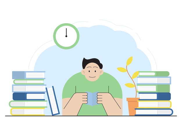 Vector flat design illustration of a person reading a book vector graphic design