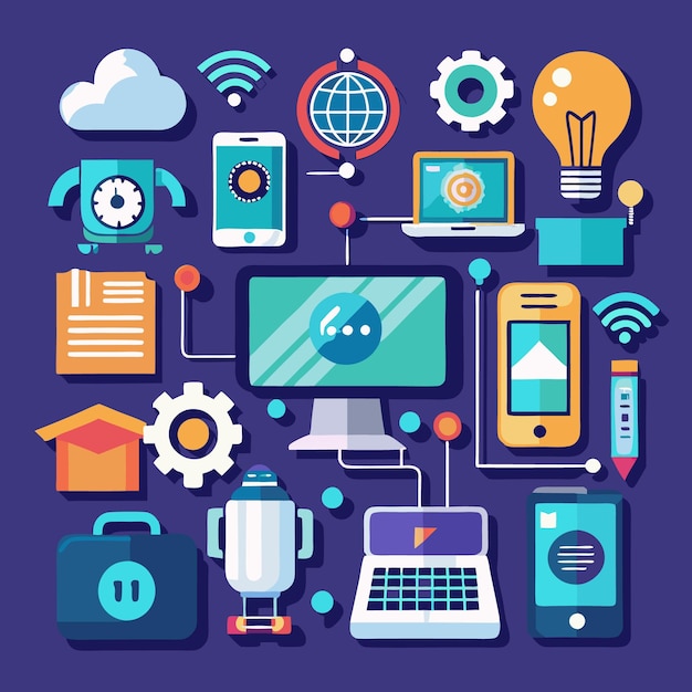 Flat design illustration of various devices connected by lines and dots