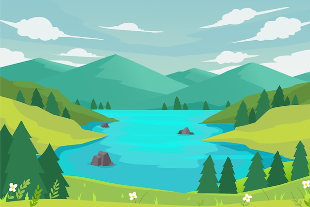 Vector flat design lake scenery