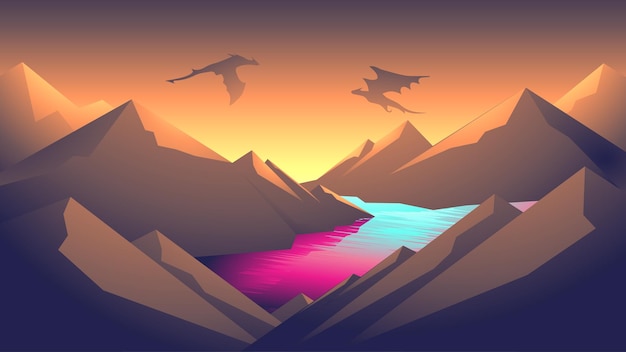 Vector flat design landscape of rock mountain range and cliff with pink river with a dragon fighting