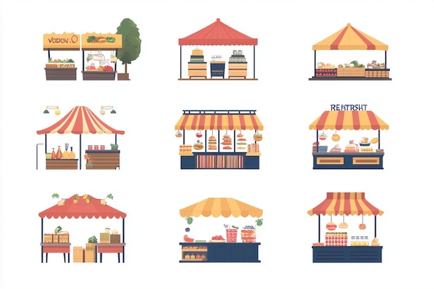 Vector flat design market stalls and food stands