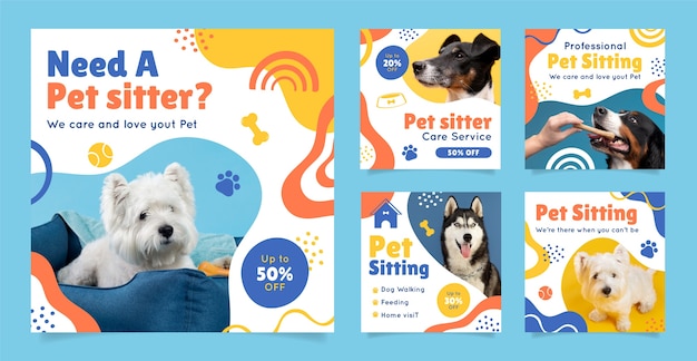 Vector flat design pet sitting instagram post collection