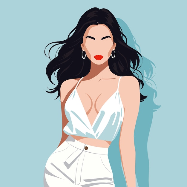 Vector flat fashion illustration of a modern sexy young woman with abstract face in a short top and shorts