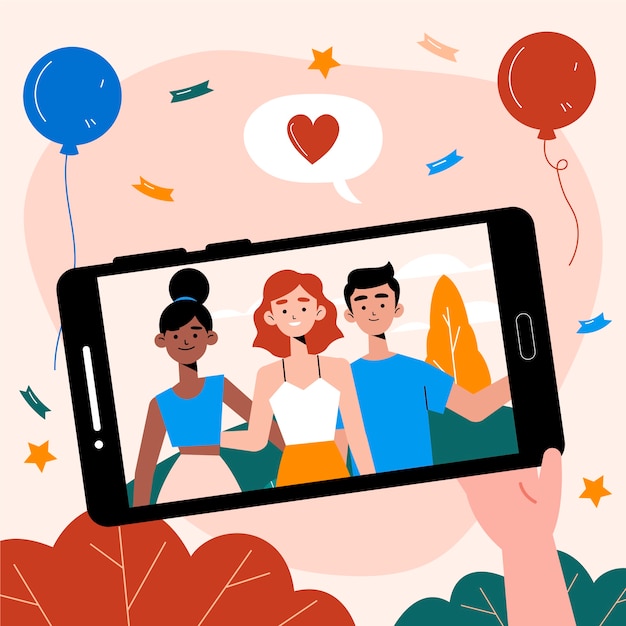 Flat friendship day illustration with balloons and smartphone