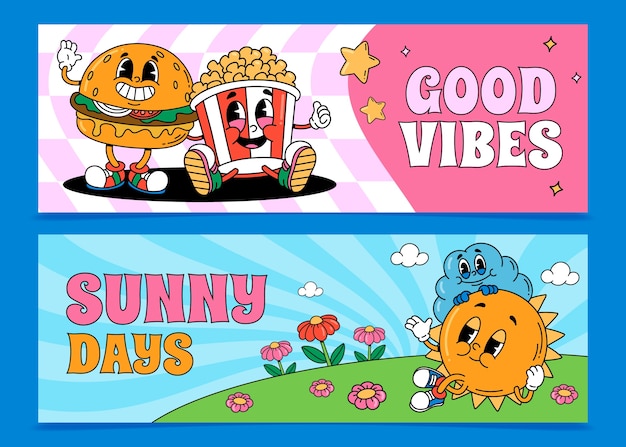 Vector flat groovy 70s character horizontal banner template set