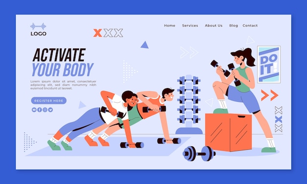 Vector flat gym and exercise landing page template