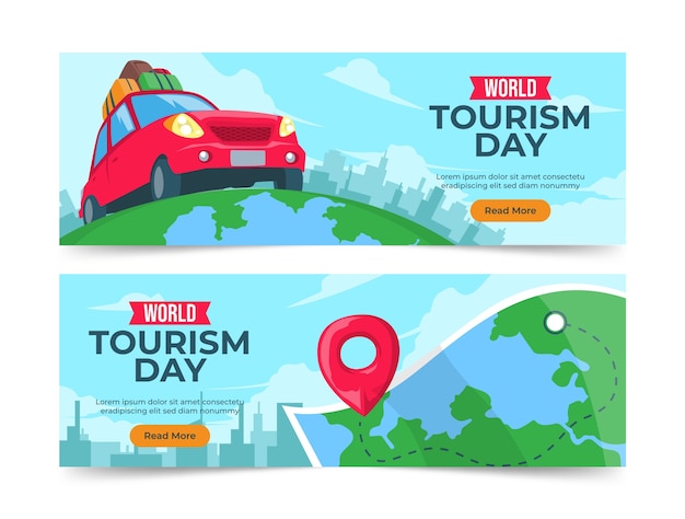 Flat horizontal banners set for world tourism day celebration