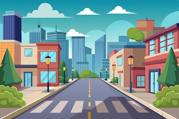 Vector a flat illustration of a city street with buildings and streetlights empty street customizable flat illustration