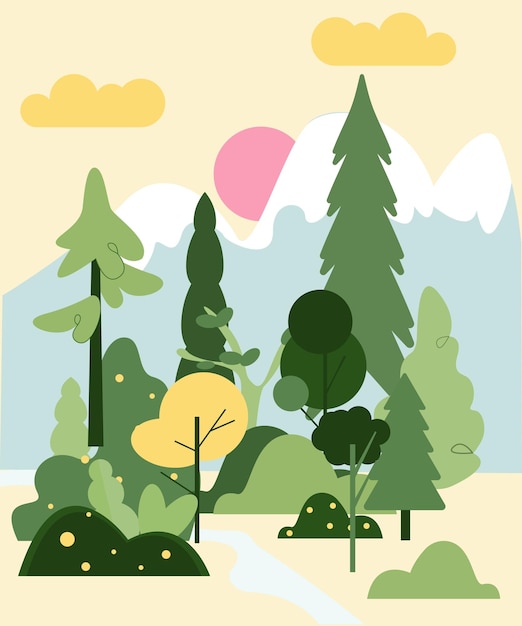 Vector flat illustration of forest landscape a variety of trees bushes river and mountains can be used