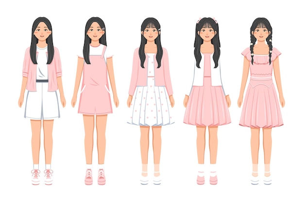 Vector flat illustration of girls wearing pink clothes