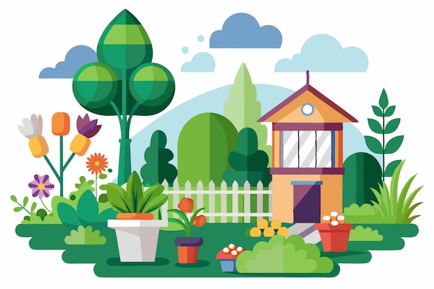 Vector a flat illustration of a house with a green grassy yard trees and flowers