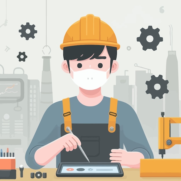 Vector flat illustration of a korean man working at the factory with minimalist background