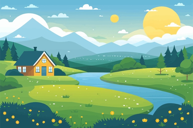 Vector flat illustration of a landscape with a river house and mountains