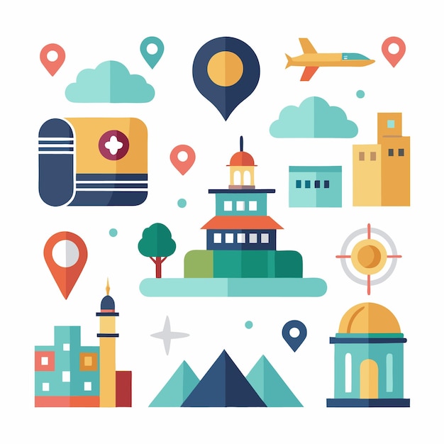 Vector a flat illustration of a travel guide with different locations including buildings landmarks and an airplane