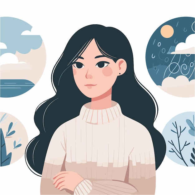 Vector a flat illustration of woman with dream cozy and calm with weathers in the background