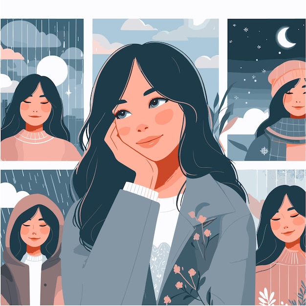 Vector a flat illustration of woman with dream cozy and calm with weathers in the background