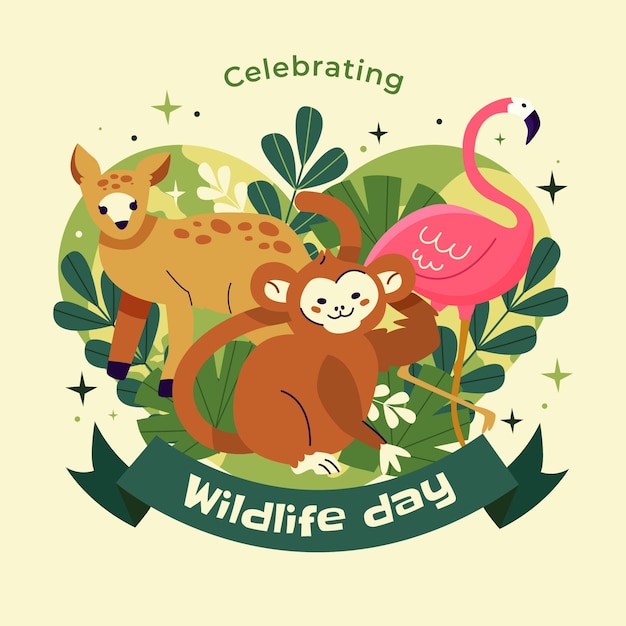 Vector flat illustration for world wildlife day with flora and fauna