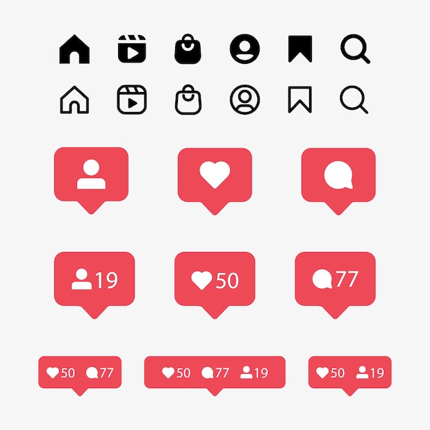 Vector flat instagram icons with social media notification icon in speech bubbles like comment follower