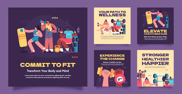 Flat instagram posts collection for fitness center