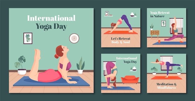 Vector flat instagram posts collection for international yoga day