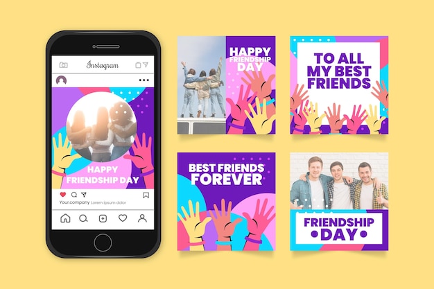 Flat international friendship day instagram posts collection