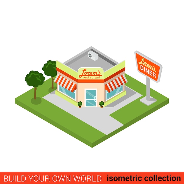 Flat isometric diner restaurant building block infographic concept Street corner fast food dinner Build your own infographics world collection