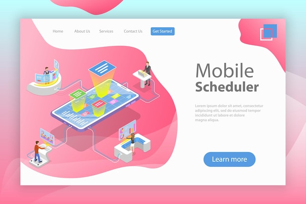 Vector flat isometric vector landing page template of mobile scheduler business planning schedule meeting appointment agenda