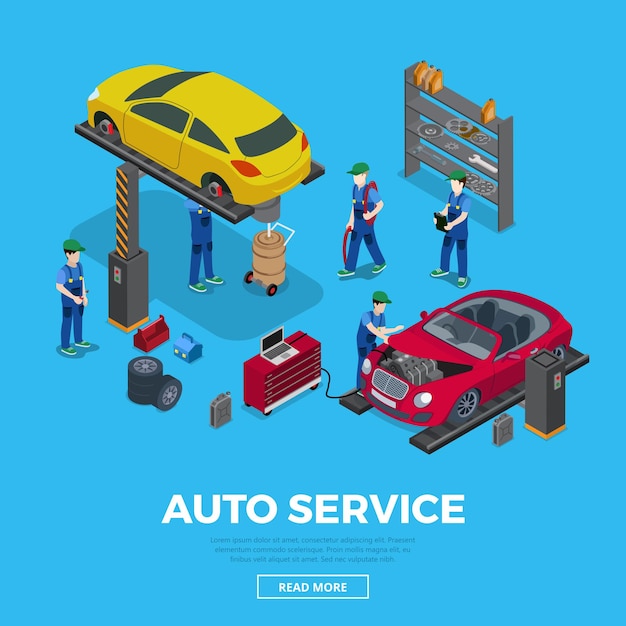 Vector flat isometric workers and equipment for auto car repair service vector illustration 3d isometry