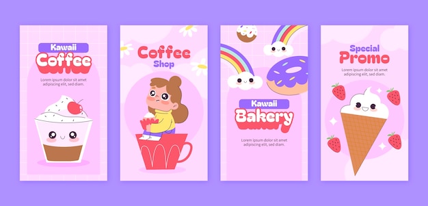 Flat kawaii style instagram stories collection