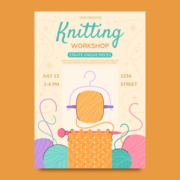 Vector flat knitting workshop vertical poster template