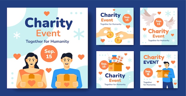 Flat minimal charity event ig posts set