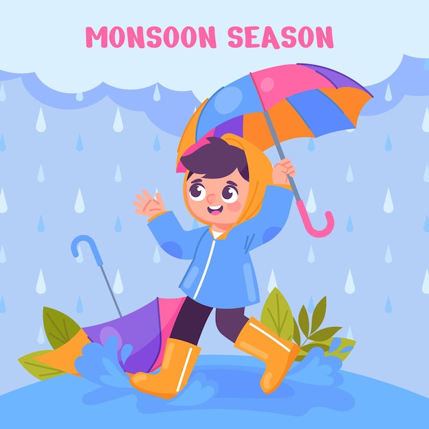 Flat monsoon season illustration with boy under umbrella