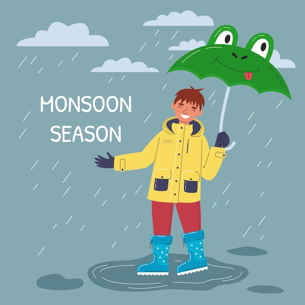 Flat monsoon season illustration with man holding frog umbrella