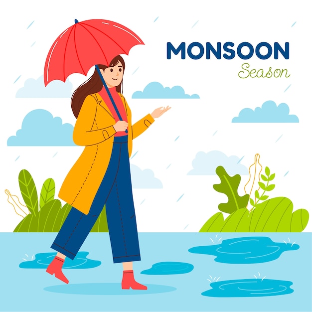 Flat monsoon season illustration with person holding umbrella in the rain