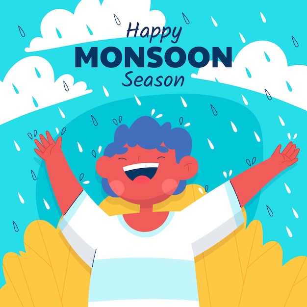 Flat monsoon season illustration with person in the rain