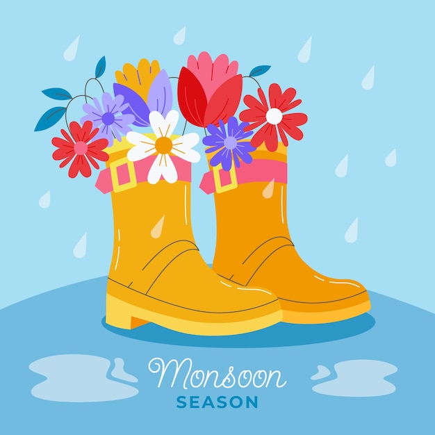 Flat monsoon season illustration with rain boots and flowers