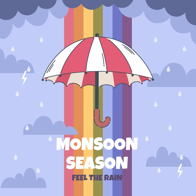 Flat monsoon season illustration with umbrella in the rain and rainbow