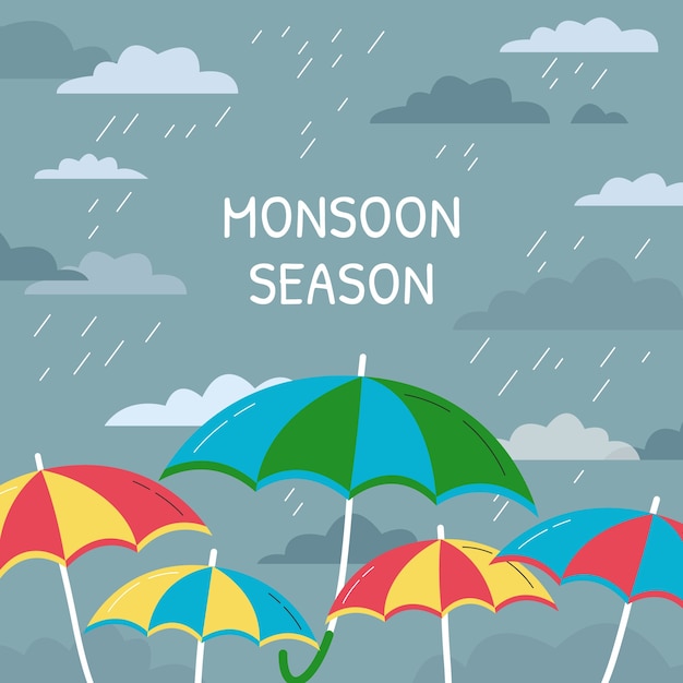 Flat monsoon season illustration with umbrellas