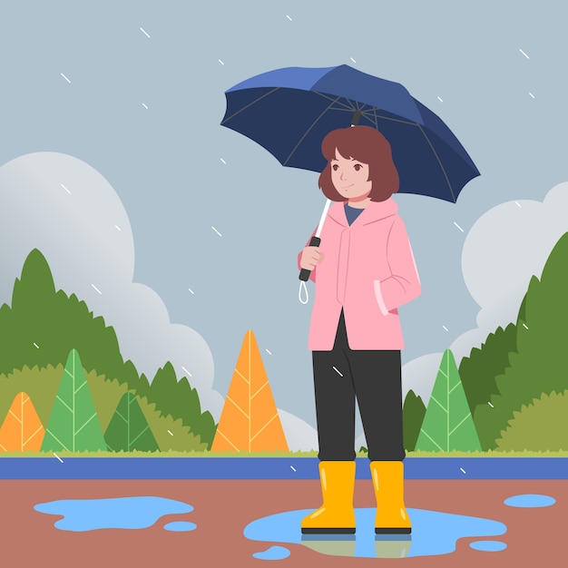 Flat monsoon season illustration with woman in the rain holding umbrella