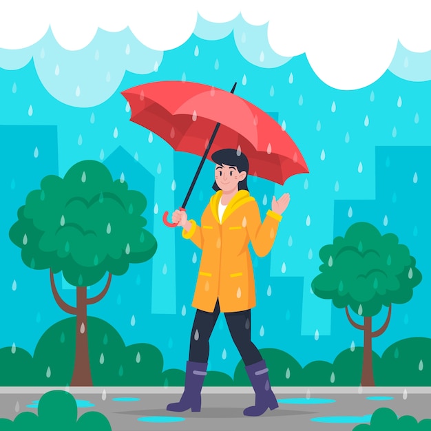 Flat monsoon season illustration with woman in the rain with umbrella