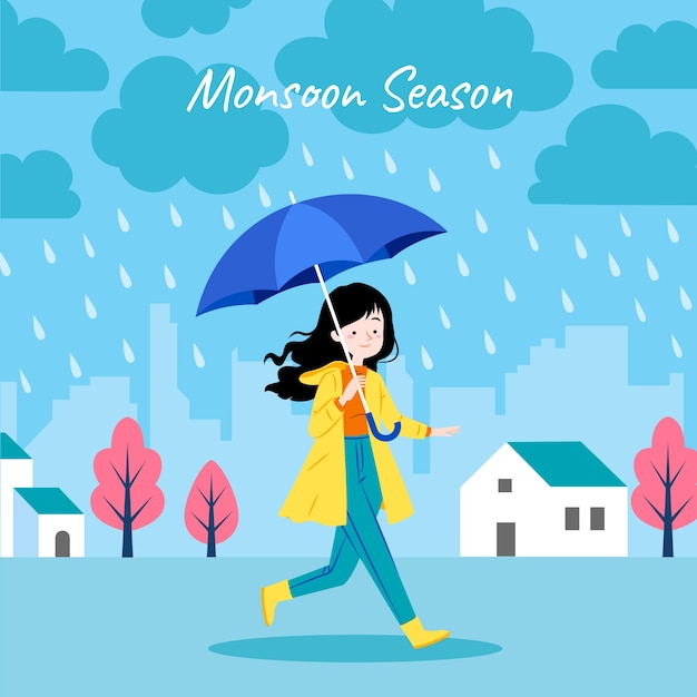 Vector flat monsoon season illustration with woman in the rain with umbrella