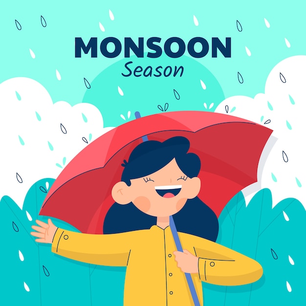 Flat monsoon season illustration with woman with umbrella in the rain