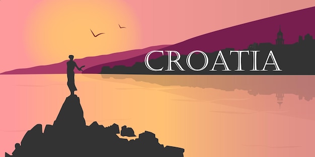 Flat panoramic landscape. Background silhouette of Croatia. Silhouette of mountains and sea